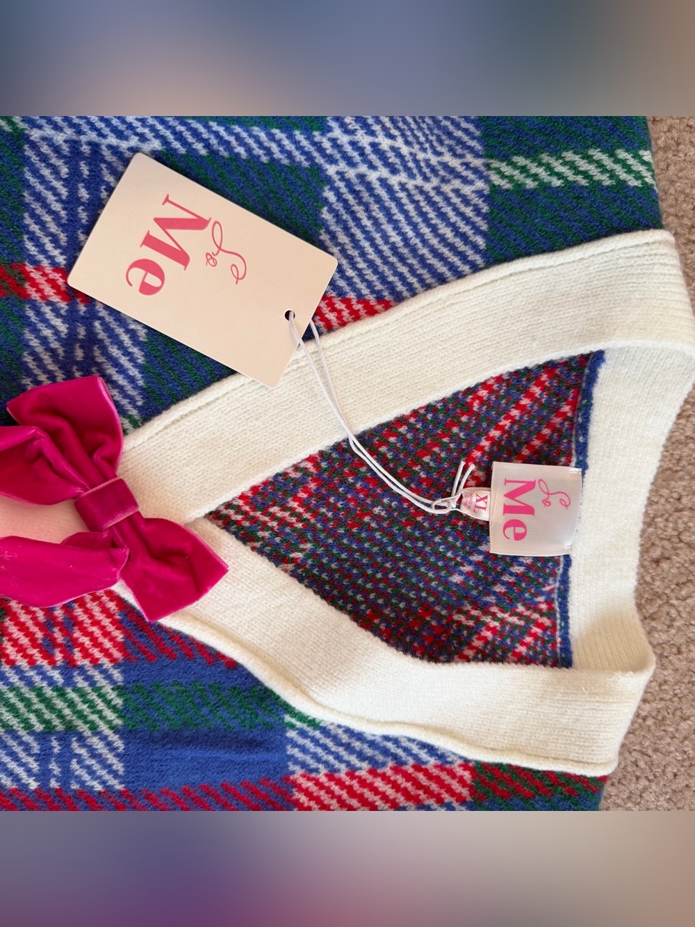 So Me Green Blue Red Plaid V-Neck cardigan Sweater with Pink Bows - Picture 4 of 5